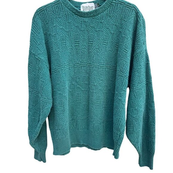 Steeplechase Vintage 80s Mens Green Textured Cotton Crew Neck Grandpa Sweater L - Picture 1 of 9